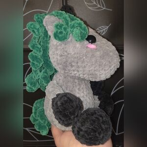 Adorable Crochet Gray Unicorn 🦄 with Emerald Green Curls and Black Accents